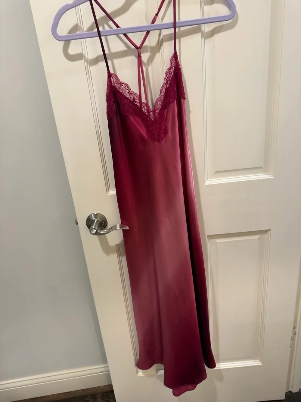 Lace-Trim Satin Slip Dress in Wine